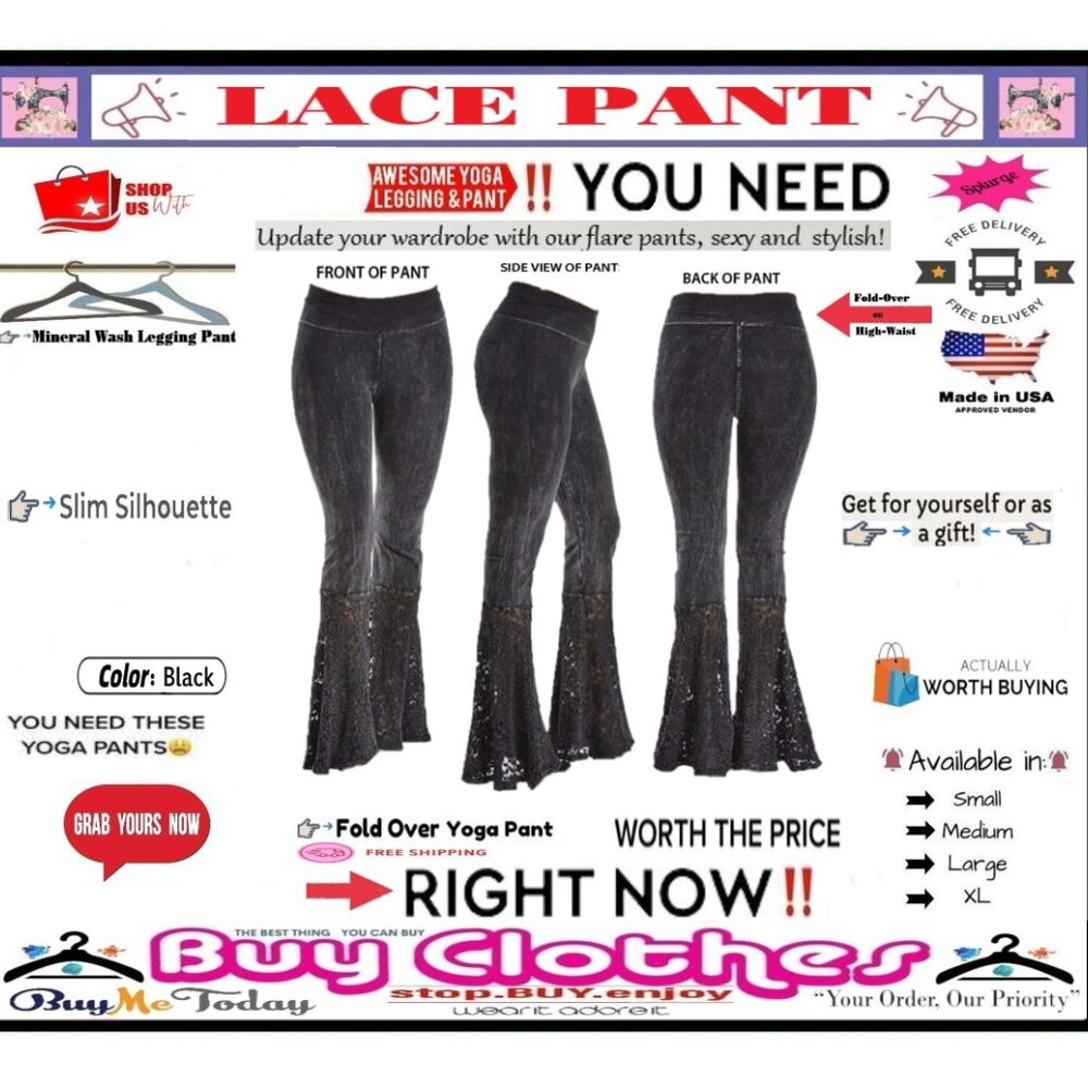 🛑 BOTTOM Fold Embroidery ➕ LACE 🆒 LEGGING PANT High Waist FLARE Wash BUY NOW - Picture 4 of 16